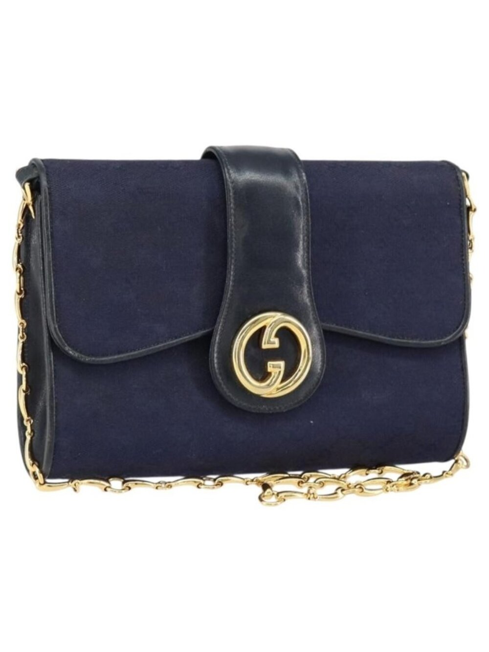 Authentic GUCCI GG Canvas Horsebit Chain Shoulder Bag PVC Navy Gold